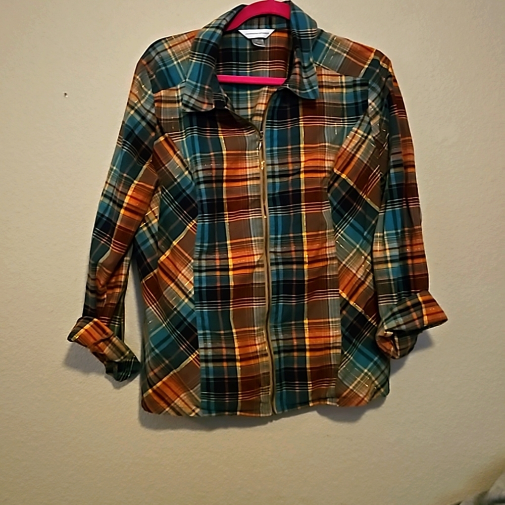 Plaid Zip Up Top, Christopher & Banks Brand, Green, Red and Gold